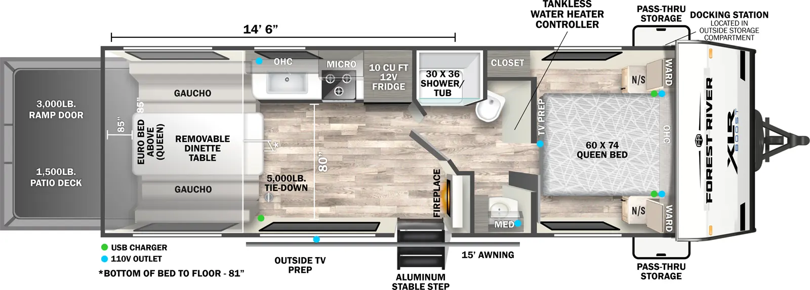 The XLR Boost 2514B floorplan is a toy hauler that has one entry and zero slide outs. Exterior features include: fiberglass exterior, 15' awning and  outside entertainment. Interiors features include: front bedroom and pass through bathroom.